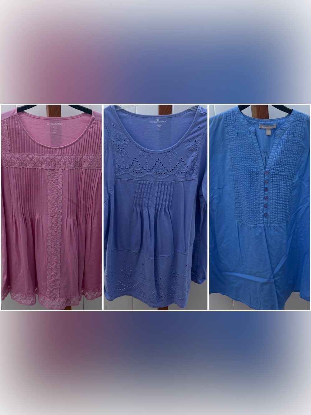 Woman Within pink/blue/lavander short sleeve tunics 1X 22/24 Lot of 3